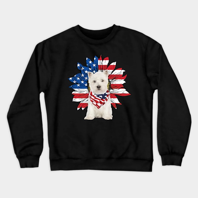 White Terrier American Flag Sunflower Crewneck Sweatshirt by sueannharley12